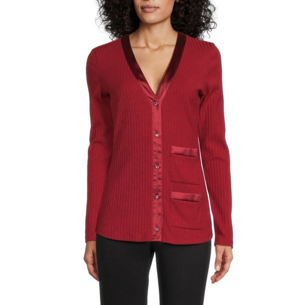 Area Stars Bria Ribbed Cardigan XS Red Satin Trim Button Front
